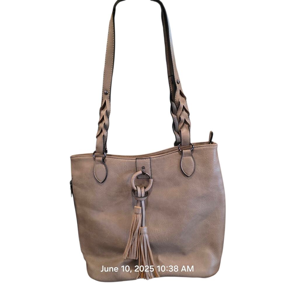 Sam and Hadley Beige/gray Shoulder Bag Purse w/ Tassels & Braided strap accents*